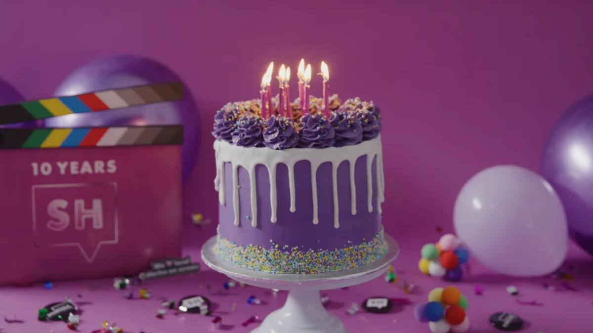 A purple birthday cake with candles. A clapperboard and balloons decorate the background.