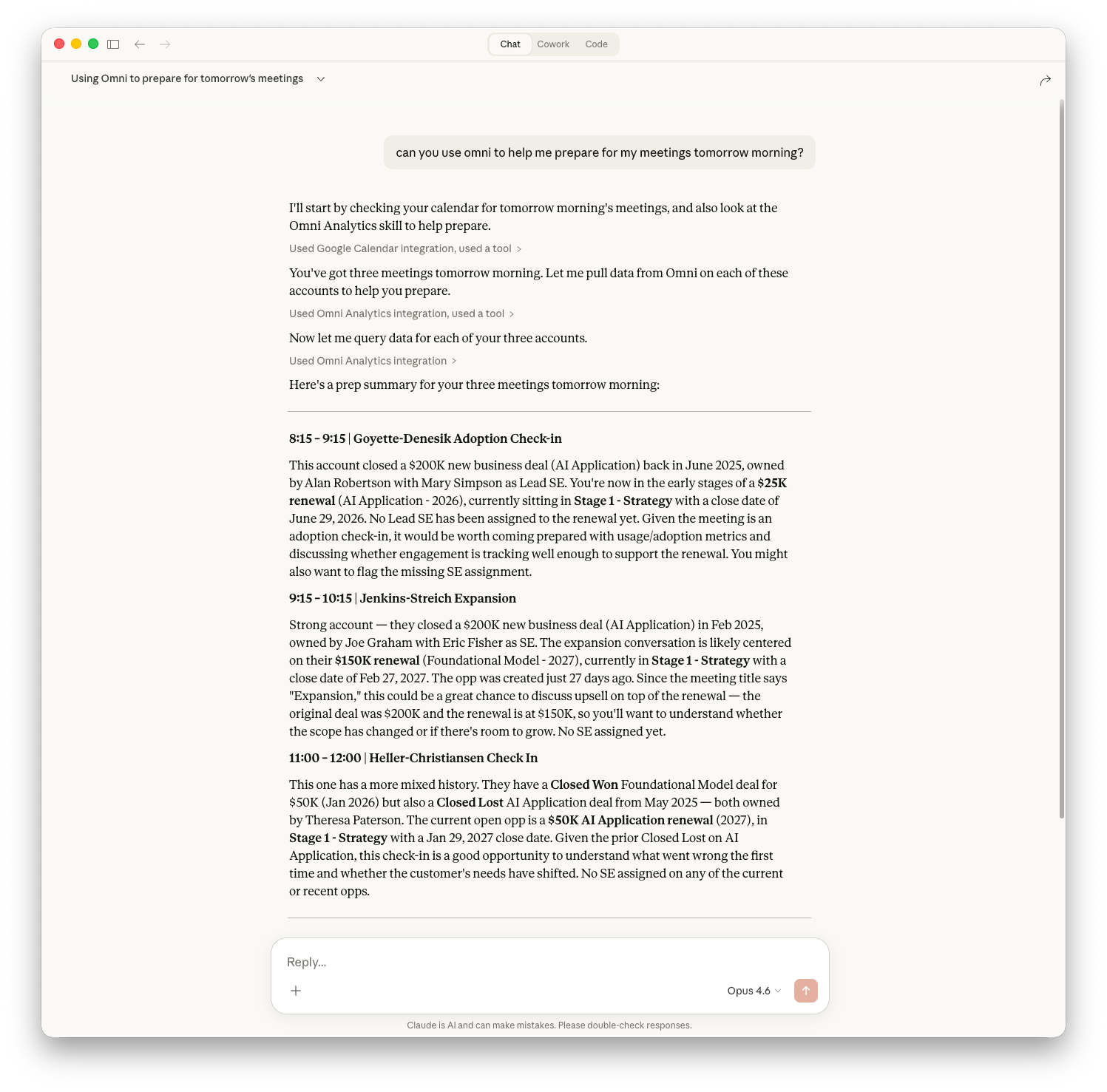 Claude Connector example: Sales meeting rundown