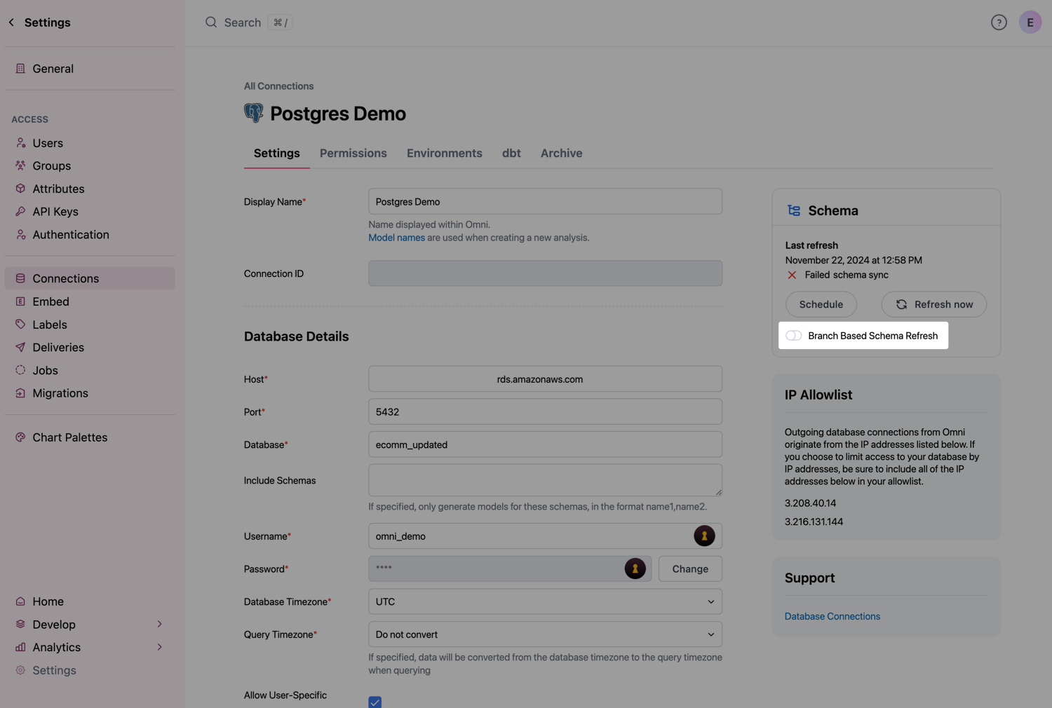 Branch based schema refresh setting