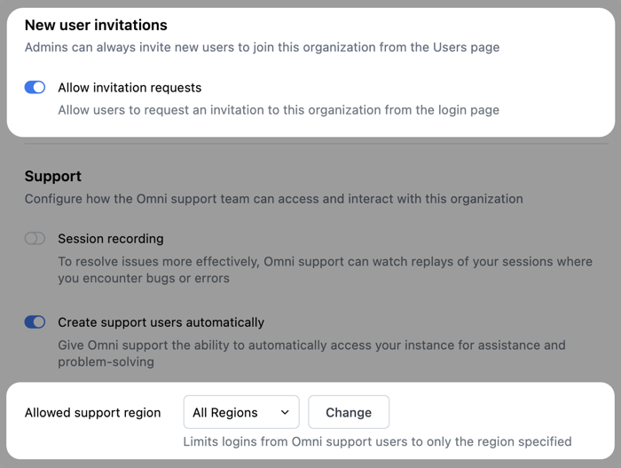 New user invitation and Support region organization settings