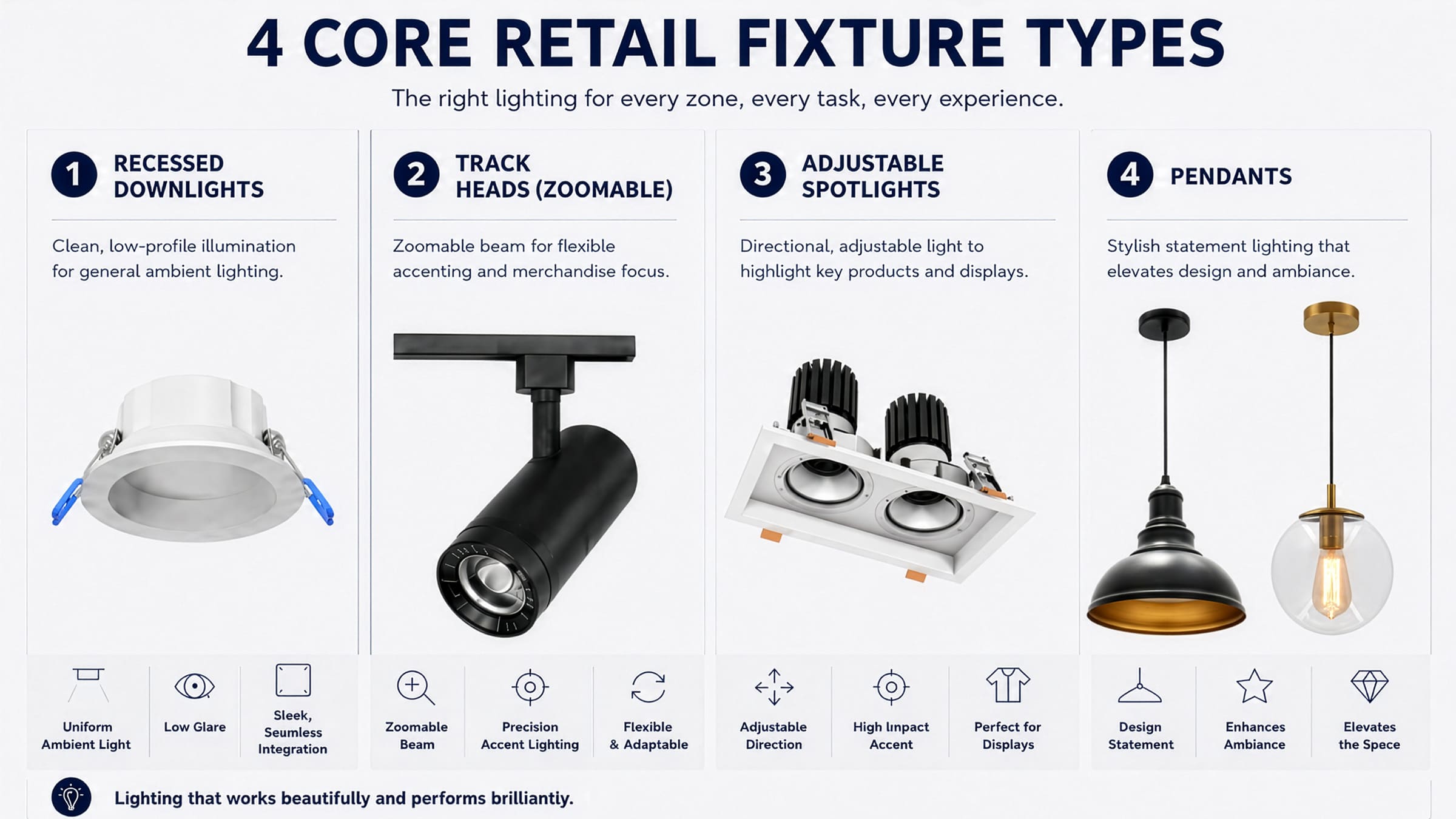 Overview of the four core LED retail lighting fixture types: recessed downlights, track heads, adjustable spotlights, and pendants