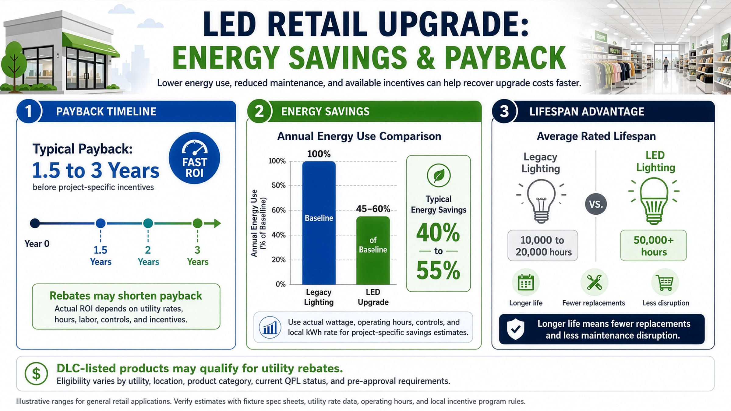 LED retail lighting upgrade comparison showing energy savings and payback timeline versus legacy lighting