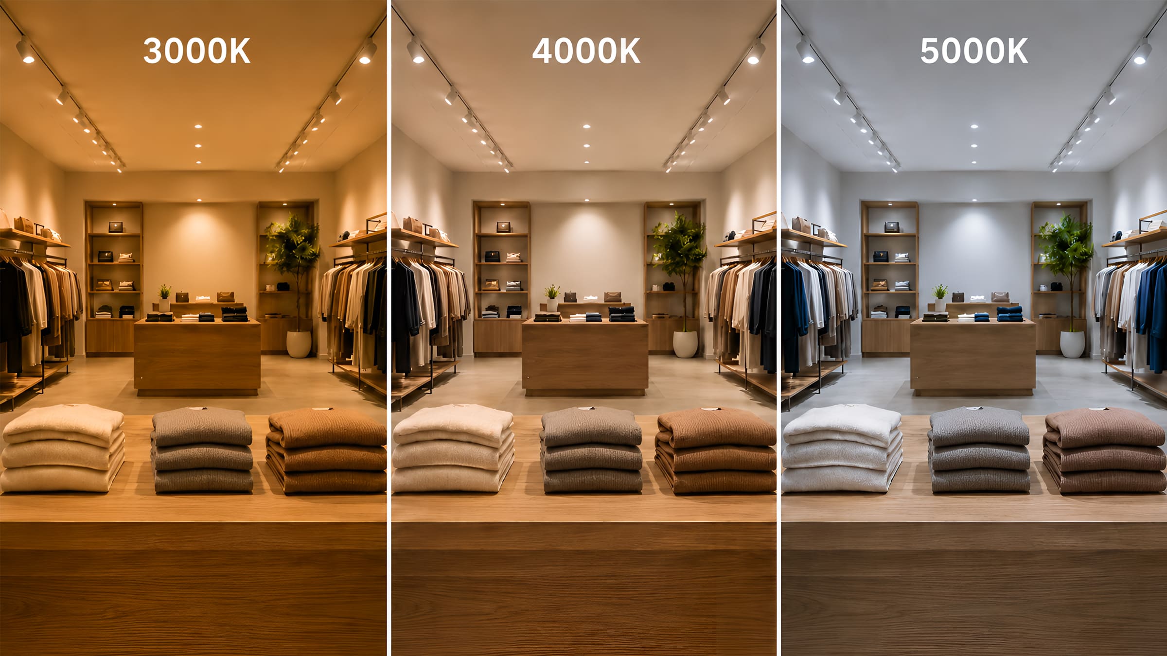 Color temperature comparison showing the same retail space rendered at 3000K warm, 4000K neutral, and 5000K daylight
