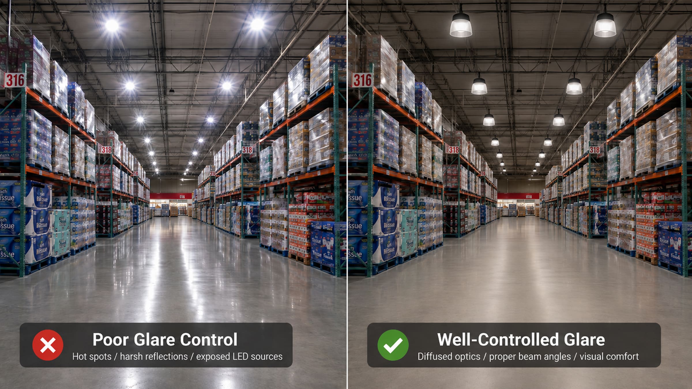 Before and after comparison of glare control in retail lighting with proper diffusion and beam angle