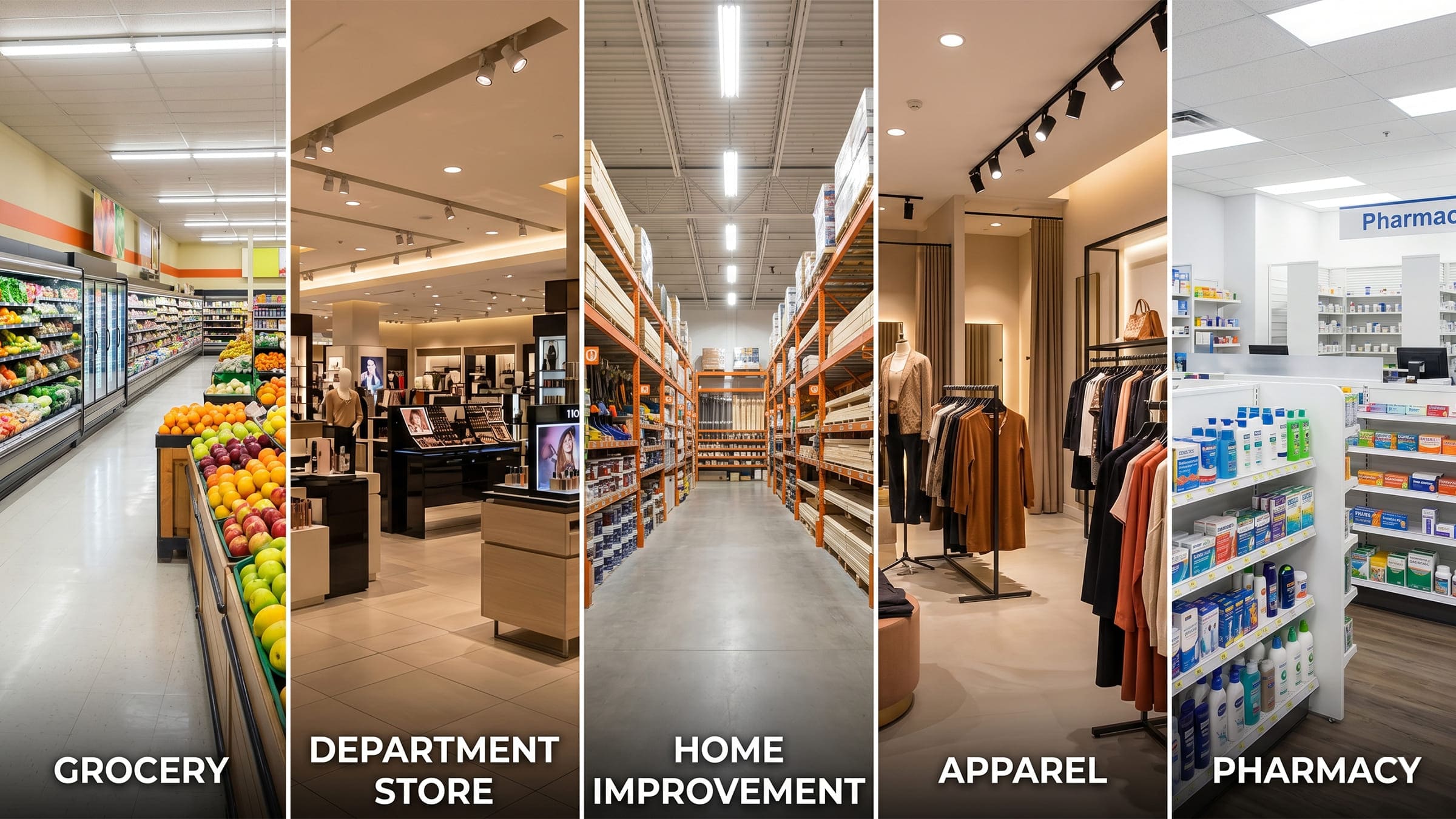 Collage of the top five U.S. retail store types: grocery, department, home improvement, apparel, and pharmacy