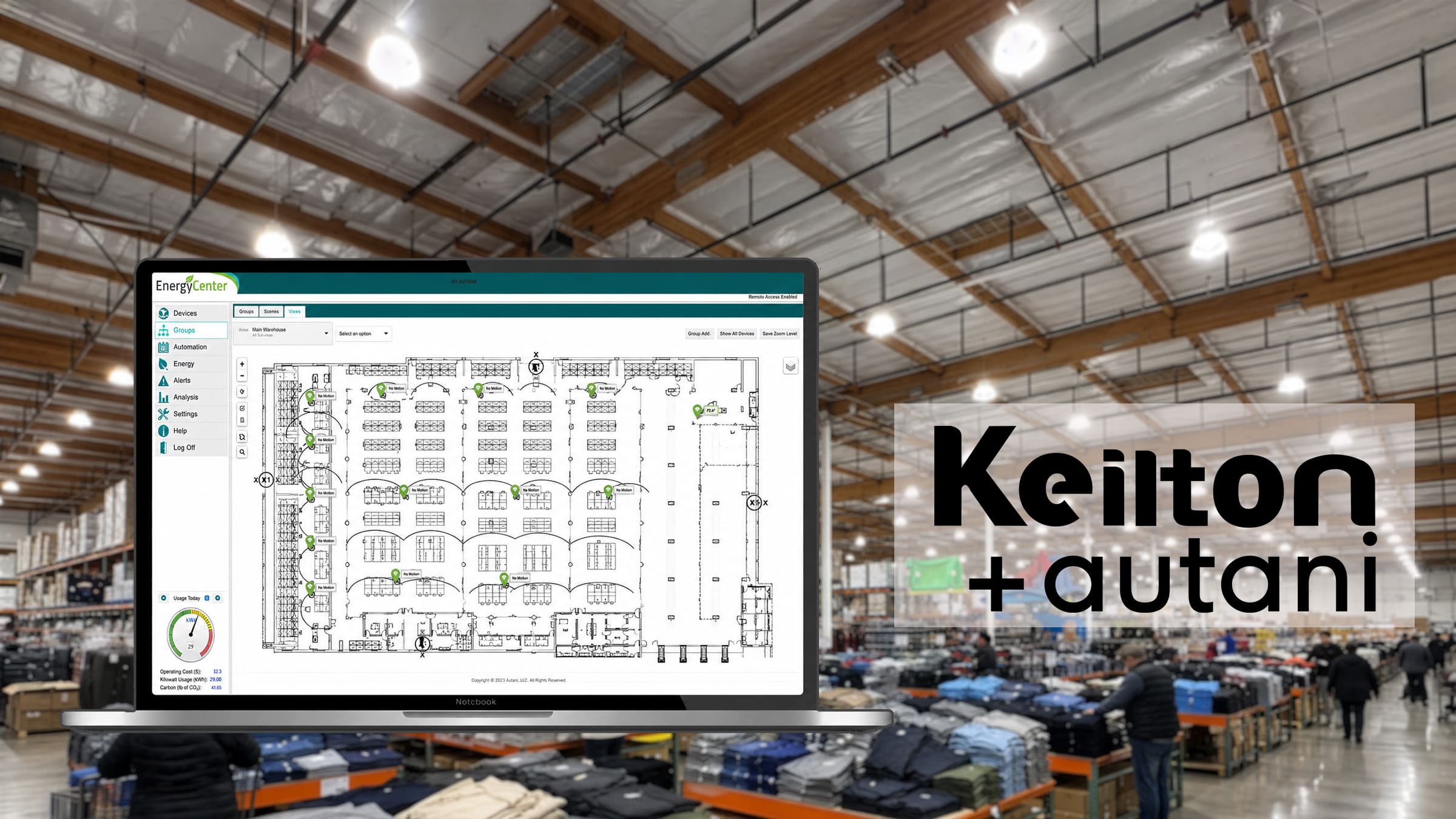 autani dashboard in laptop and keilton + autani logo with blured large retail warehouse in the background