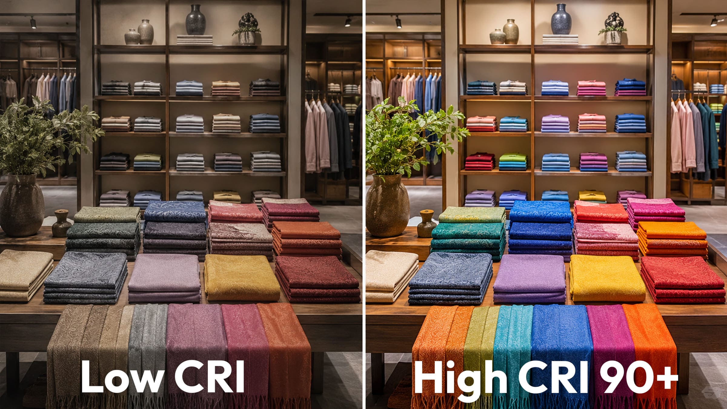 Side-by-side comparison showing the same retail products under low CRI lighting versus high CRI 90+ lighting