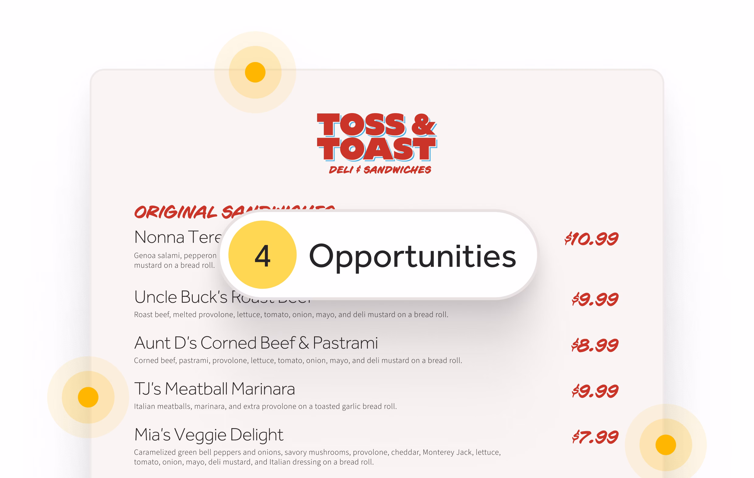 Graphic showing a Toss & Toast menu with an overlay reading '4 Opportunities' and soft yellow accent circles on a clean background.