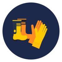 Icon depicting safety gear, including a pair of yellow gloves and orange and yellow rubber boots, on a dark blue circular background.