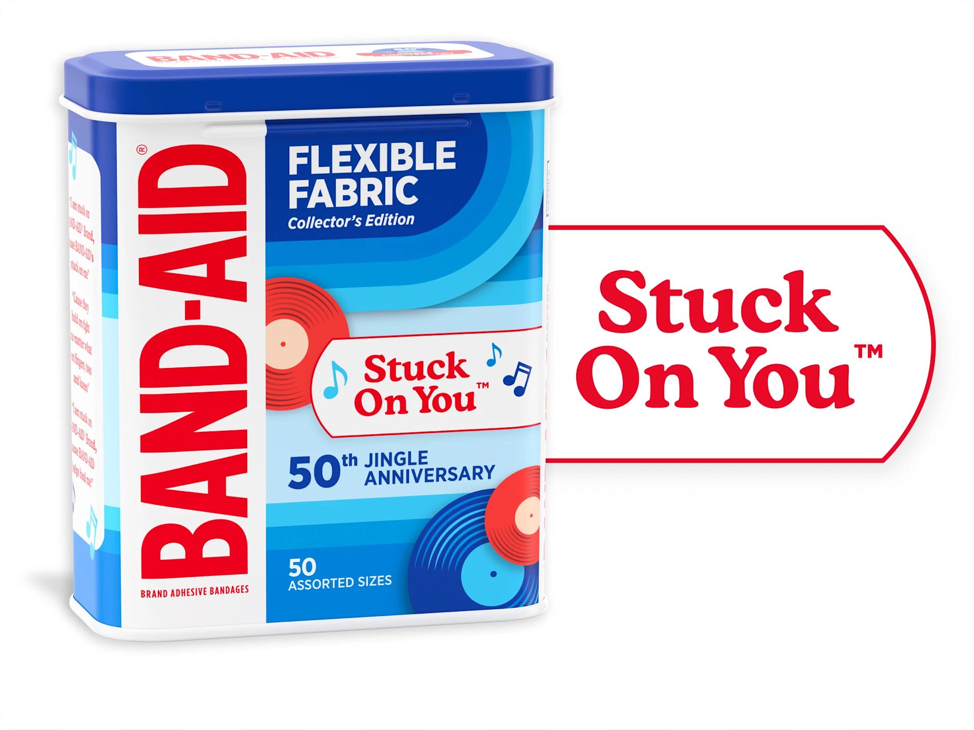 Banner featuring Celebrate 50 Years of the Iconic “Stuck on You” Jingle in a tin