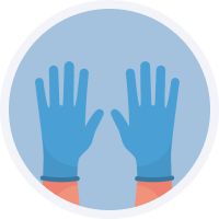 Icon of two hands wearing blue surgical gloves, palms facing up, against a circular light blue background.