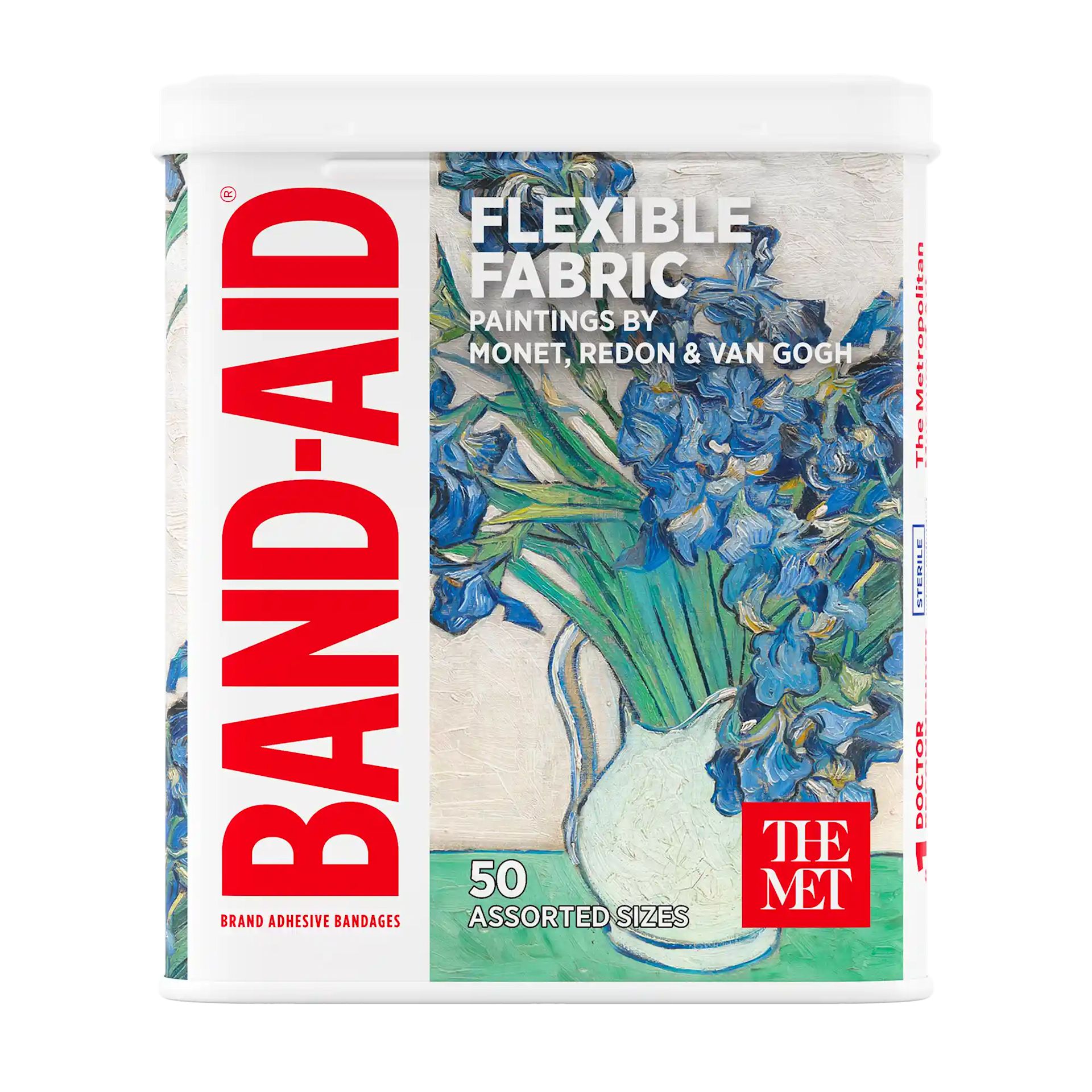 Front pack shot of  BAND-AID® Brand Adhesive Bandages, Paintings by Monet, Redon & Van Gogh, Assorted 50 ct