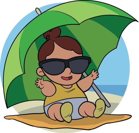 Illustration of a baby sitting under a green umbrella on a beach, wearing sunglasses and smiling.
