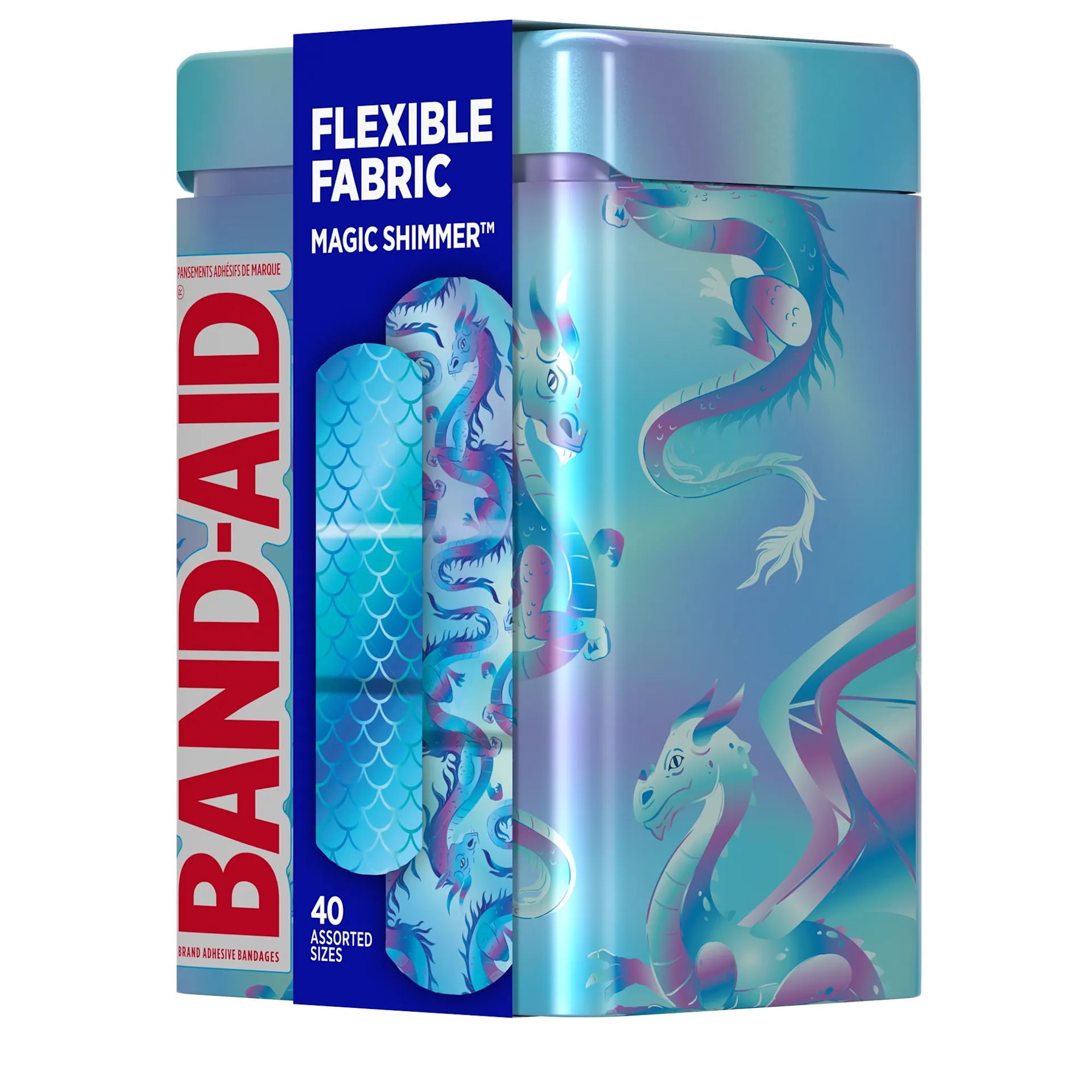 Side pack shot of BAND-AID® Brand Flexible Fabric Magic Shimmer Tin 40ct