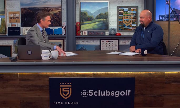 Podcast hosts discussing golf in a studio setting