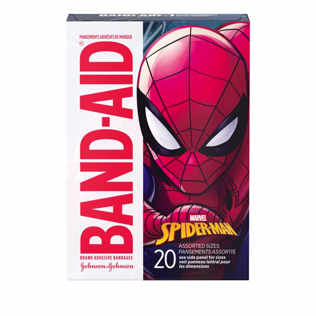 BAND-AID® Brand Adhesive Bandages, featuring MARVEL Spiderman, 20ct Back of Pack