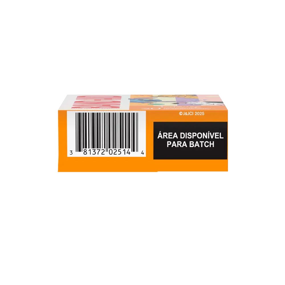A snapshot of the base of an orange box shows a barcode (3 81372'02514 4) and a black rectangle for batch details, labeled in Portuguese as "ÁREA DISPONÍVEL PARA BATCH." A copyright emblem and the year 2025 are also present.