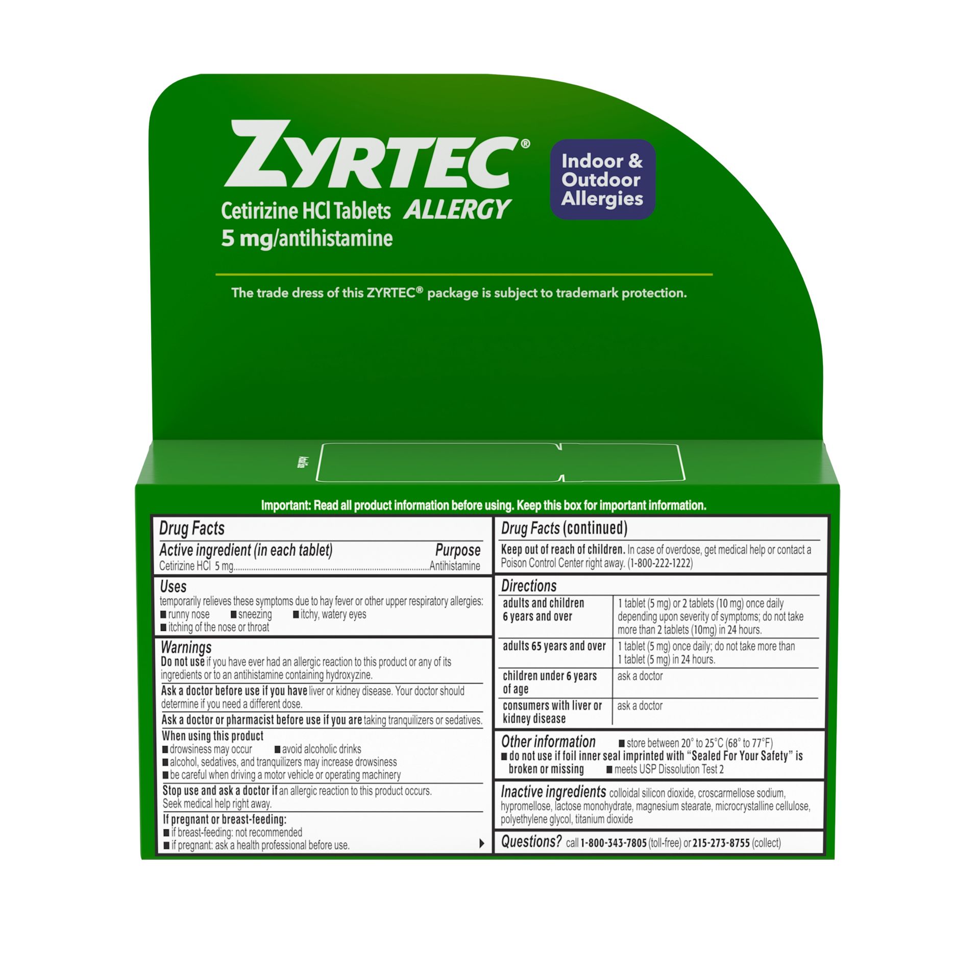 ZYRTEC® Allergy Relief Medicine Tablets with 5 mg Cetirizine HCl Antihistamine back of package