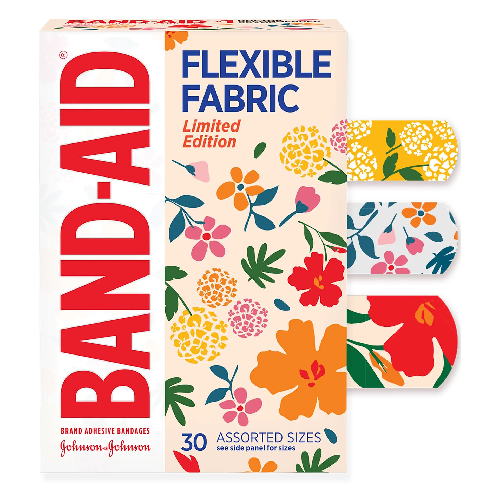 BAND-AID(R) Brand Adhesive Bandages Flexible Fabric Featuring Wildflower Prints, Front of Pack