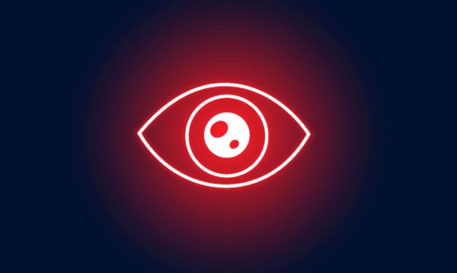 Red illuminated eye icon on dark blue background