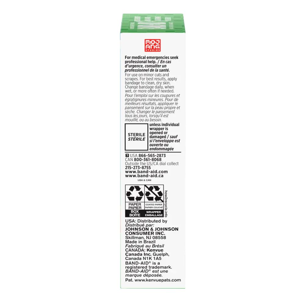 Band-Aid box, a trusty guide with its how-to, a gentle nudge with warnings, and even a little wink with contact info for when you need a pal (customer service in the US & Canada). Plus, it’s eco-savvy, sharing how to recycle from Johnson & Johnson