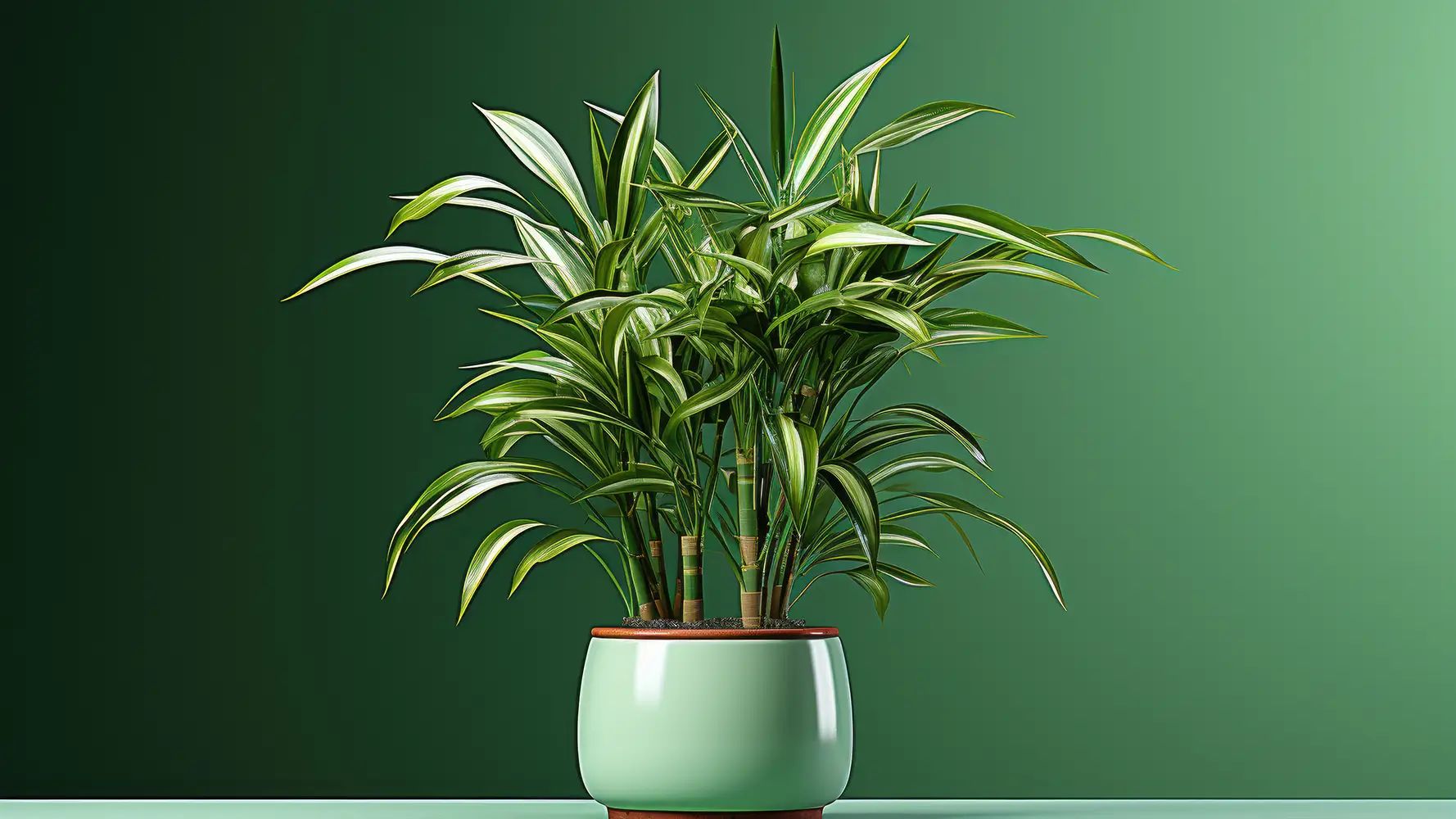 Dracaena plant with glossy green and yellow-striped leaves in mint green pot on gradient background