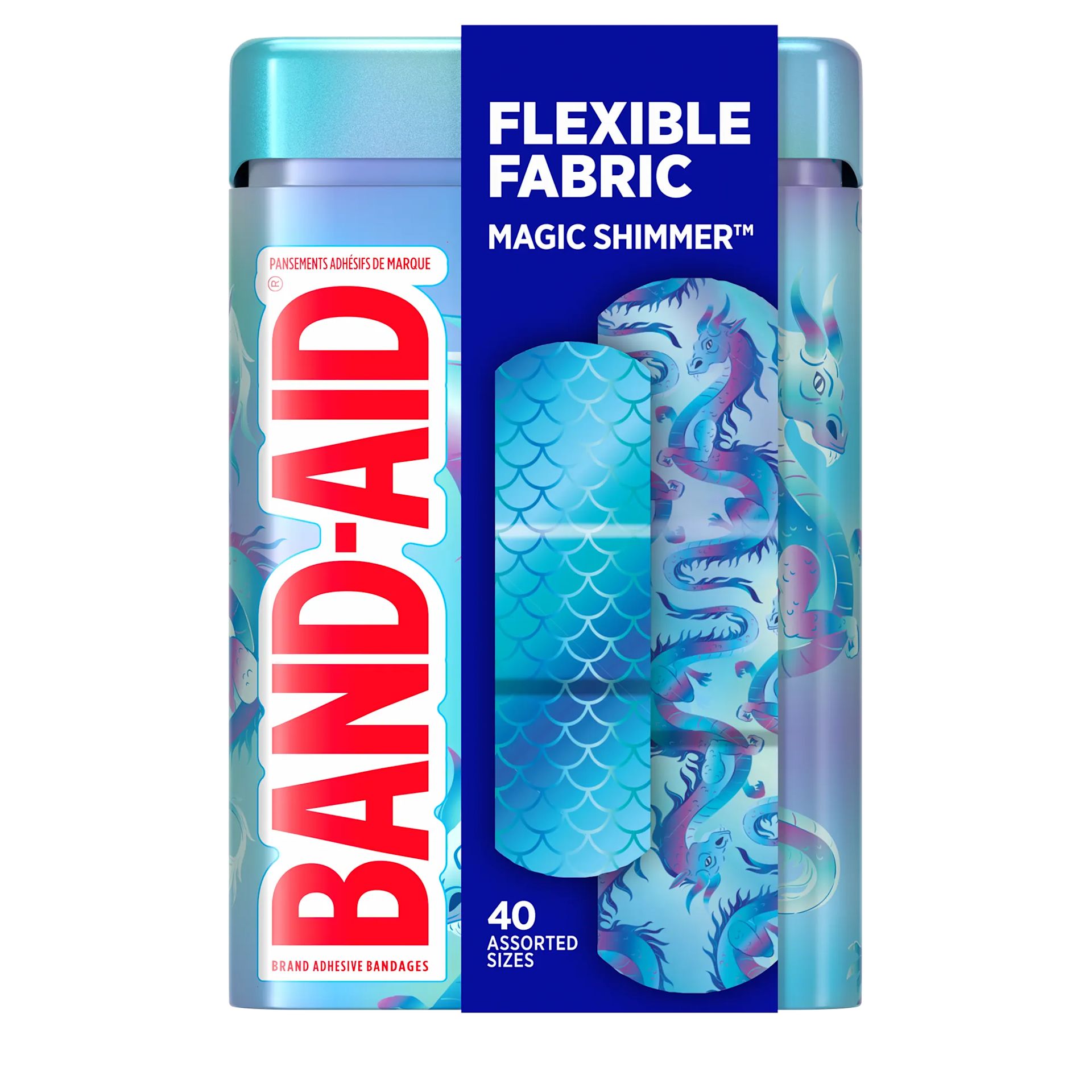Front pack shot of BAND-AID® Brand Flexible Fabric Magic Shimmer Tin 40ct