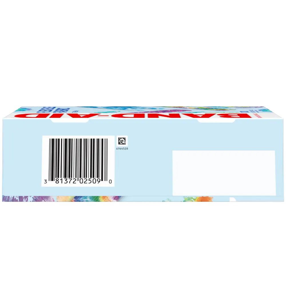 A Band-Aid Brand bandage box in light blue close-up shot. It's got everything you need to know—a barcode, product number (3 81372 02509 0), and even a QR code. You can see a bit of the fun Band-Aid design peeking out at the bottom.
