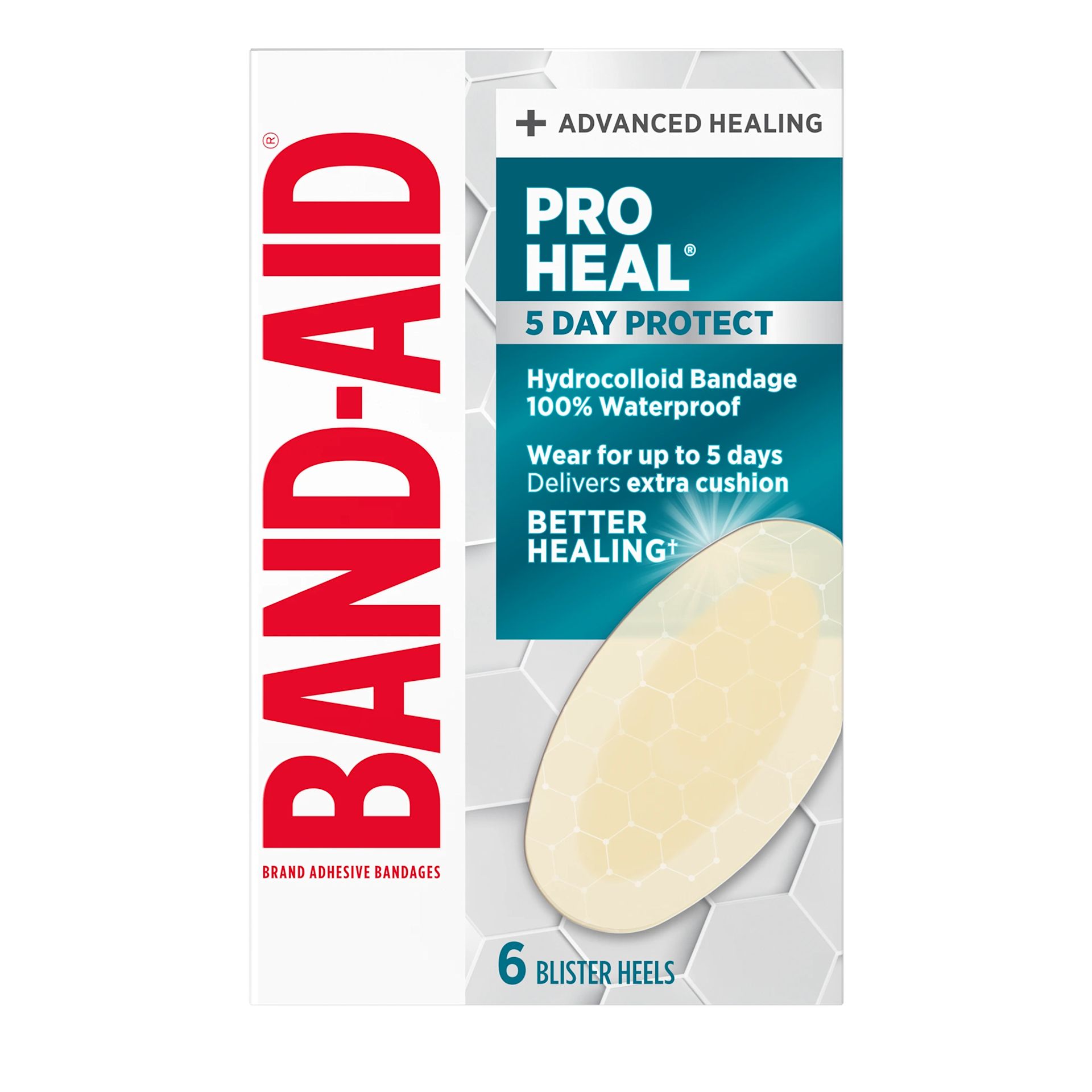 Front Pack shot of BAND-AID® Brand PRO HEAL® Adhesive Bandages 5 Day Protect Blister 6ct