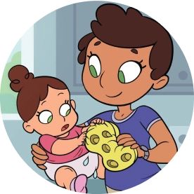 Illustration of a parent holding a baby in a kitchen setting. The parent is using a sponge to clean the baby, and the text on the image reads, "Their skin absorbs like a sponge," with a heart symbol.
