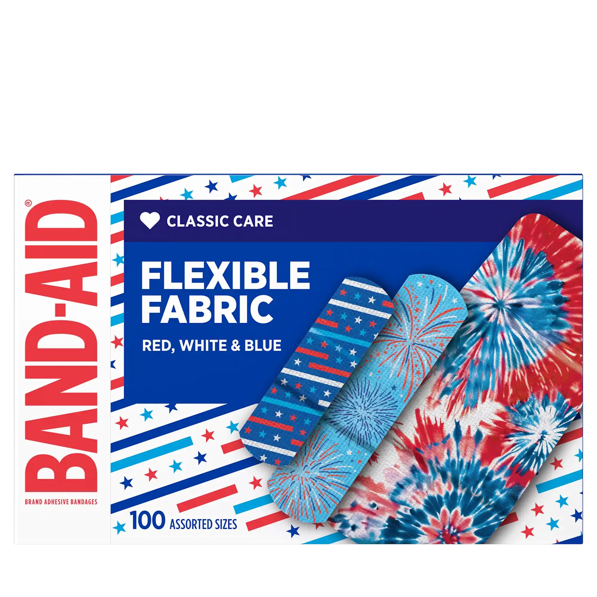 Back pack shot of BAND-AID® Brand Flexible Fabric Stars n Stripes Tin 100ct