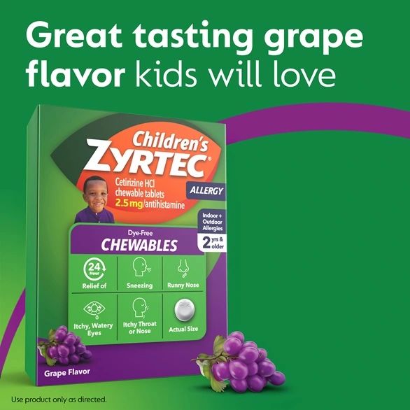 Children's ZYRTEC® Chewables box, grape image, text "Great tasting grape flavor kids will love"