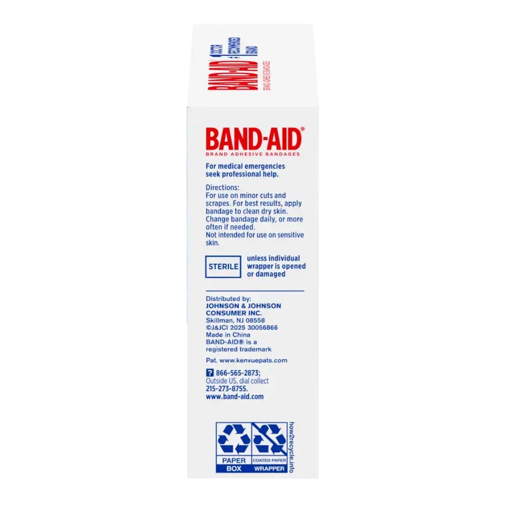 On the flip side of a Band-Aid box, you'll find details on application, cautions for sensitive skin, sterilization info, and contact info for Johnson & Johnson Consumer Inc. Recycling symbols for the box and wrapper are proudly displayed as well.