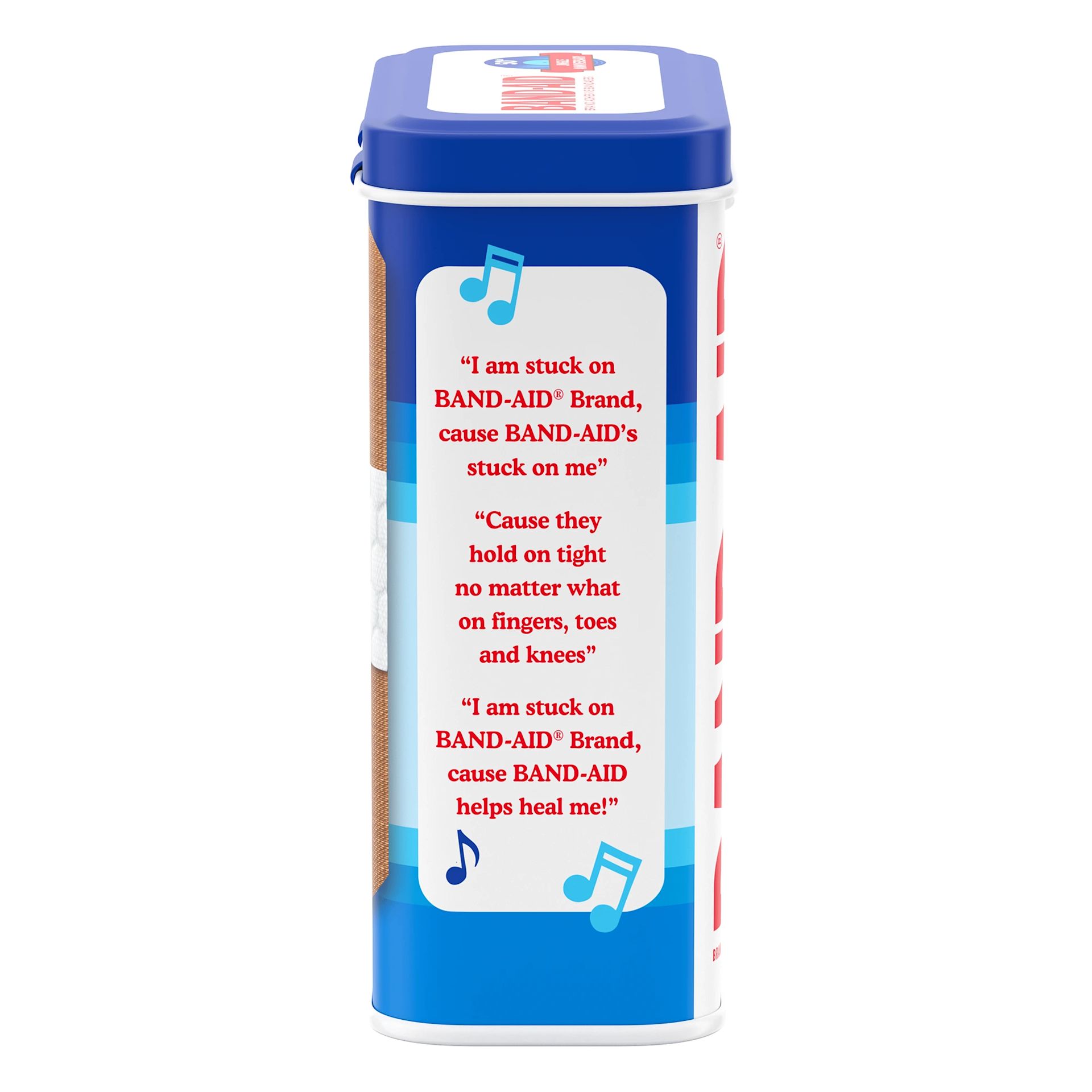 Flexible fabric 3 BAND-AID ® Brand Flexible Fabric Adhesive Bandages in a collectable Jingle Anniversary metal tin side of package