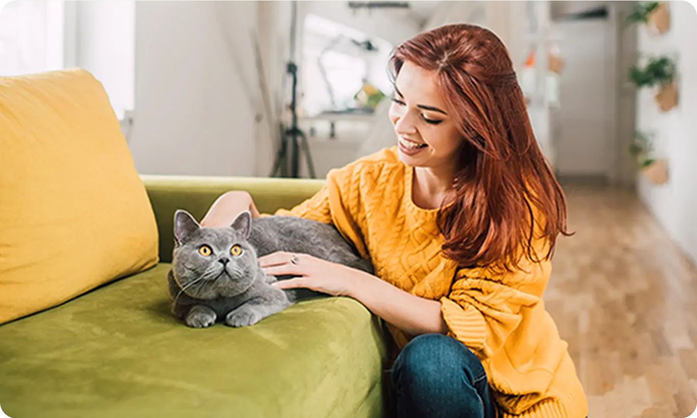 A woman sitting on a couch with a gray cat, showing common indoor allergies associated with pets.