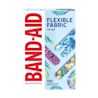 A box of 100 Band-Aid Brand adhesive bandages. The bandages are flexible fabric with a tie-dye pattern in assorted colors and sizes