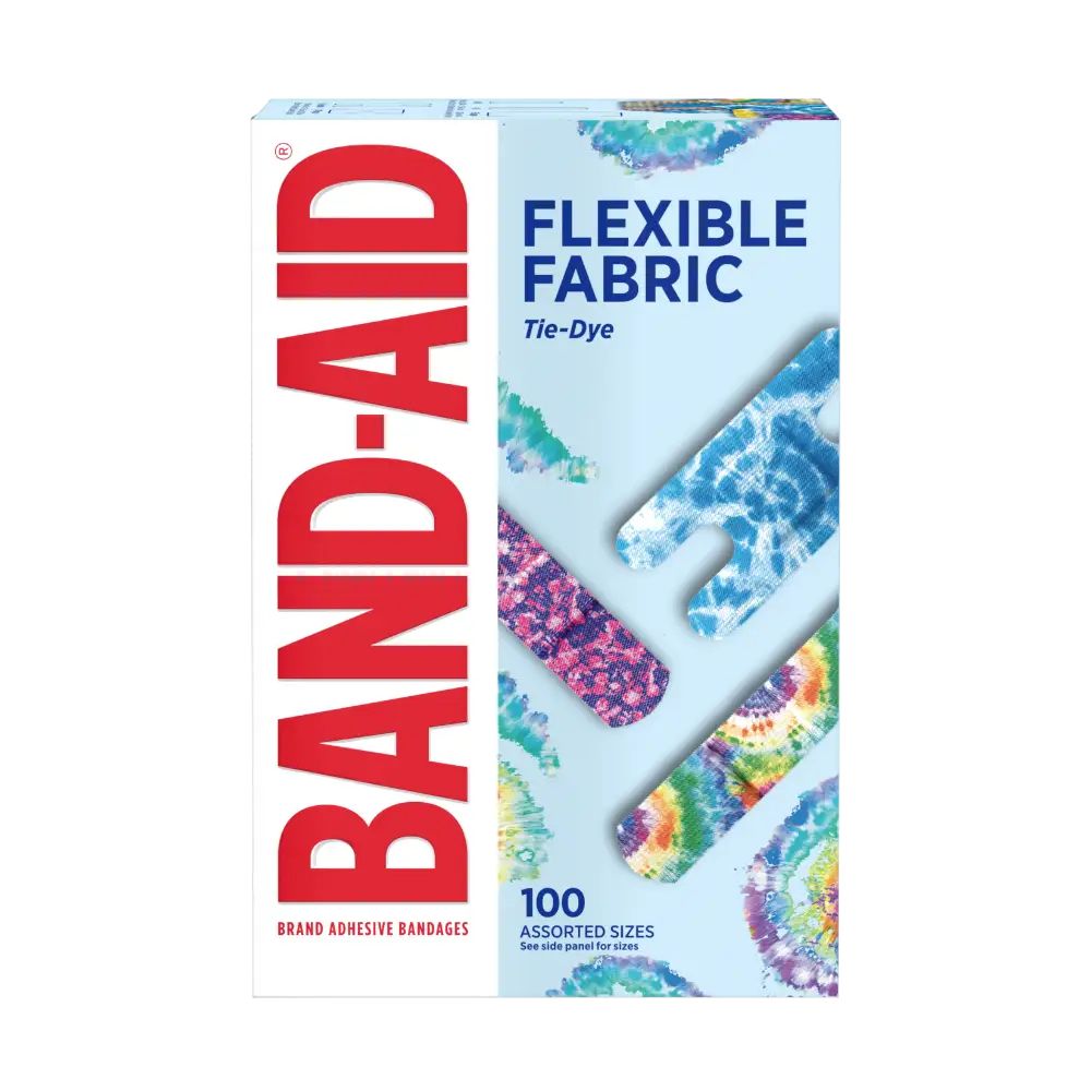 A box of 100 Band-Aid Brand adhesive bandages. The bandages are flexible fabric with a tie-dye pattern in assorted colors and sizes