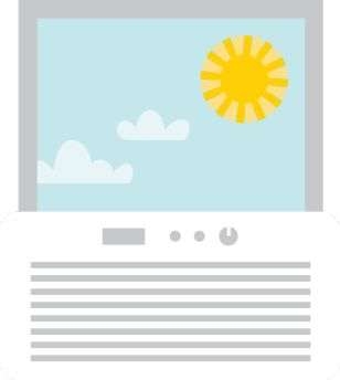 Illustration of an air conditioning unit in a window with blue skies and the sun outside