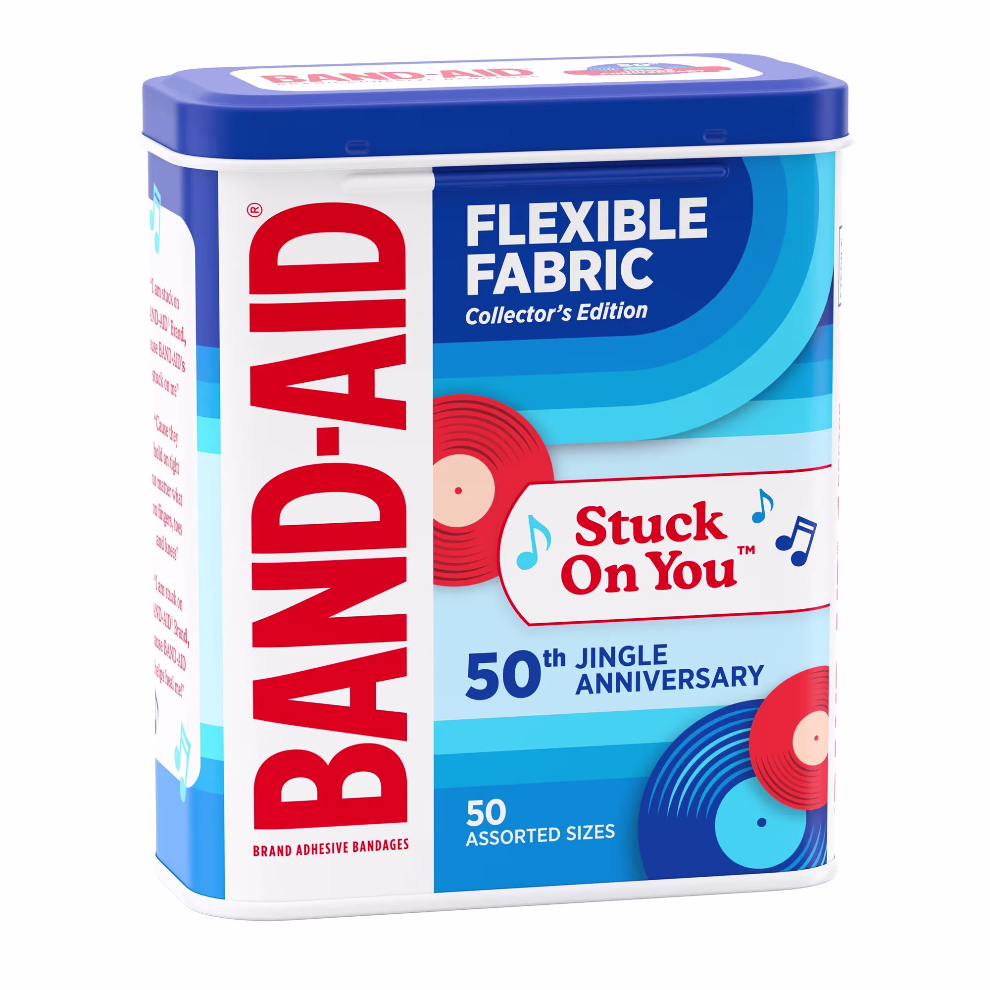 BAND-AID ® Brand Flexible Fabric Adhesive Bandages in a collectable Jingle Anniversary metal tin front of package