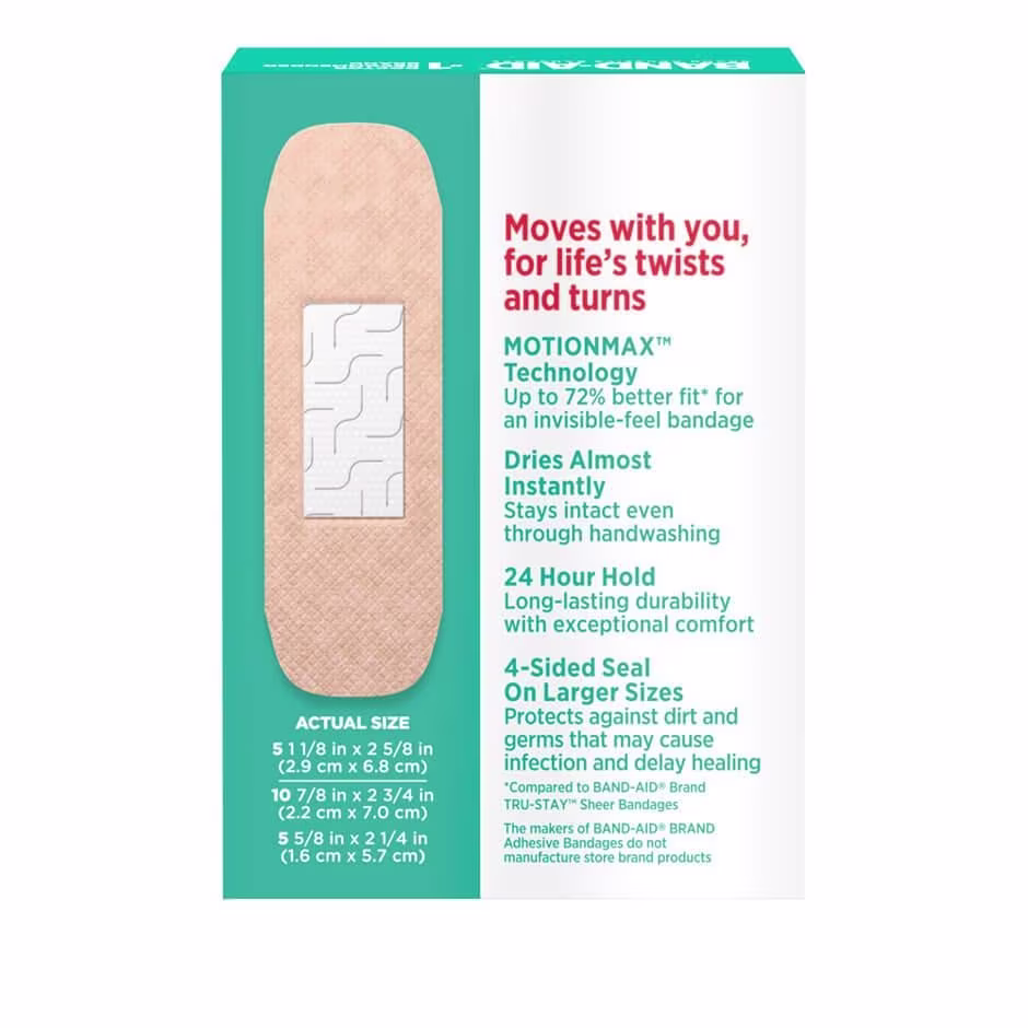 Band-Aid Skin Flex Flexible Adhesive Bandages assorted Sizes 20 ct, back of package