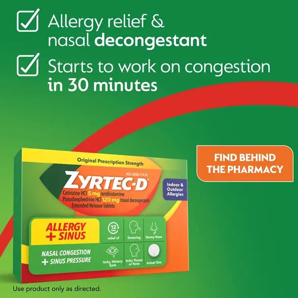 ZYRTEC-D®: Allergy relief & nasal decongestant in one & starts to work on congestion in 30 minutes.