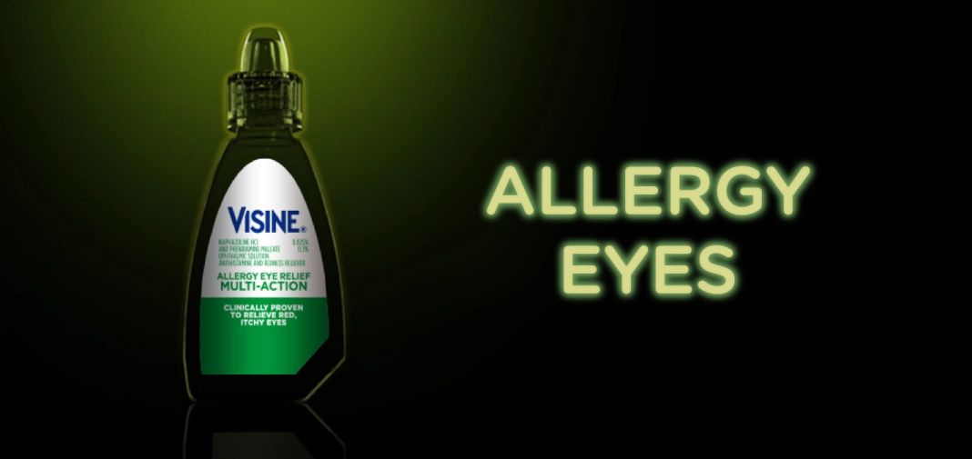 Visine Dry Eye Relief Tired Eye bottle with text 'Tired Eyes' on a dark purple background, soothes and revives tired eyes from screen time irritation