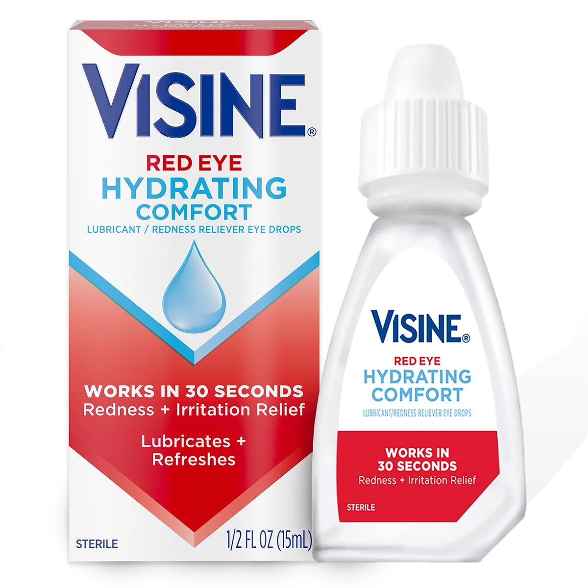 VISINE® Red Eye Hydrating Comfort Eye Drops for Redness & Irritation Relief 1/2 Fl. Oz package front with bottle