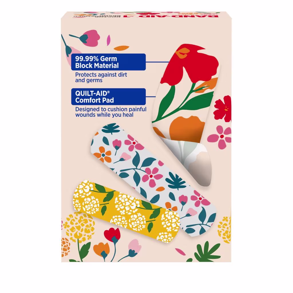 BAND-AID(R) Brand Adhesive Bandages Flexible Fabric Featuring Wildflower Prints, Back of Pack