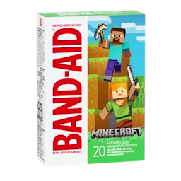 A pack of Band-Aid brand adhesive bandages with our pixelated pals Steve and Alex from Minecraft, donning a green box with the game's logo. You've got 20 bandages in there, in all shapes and sizes.