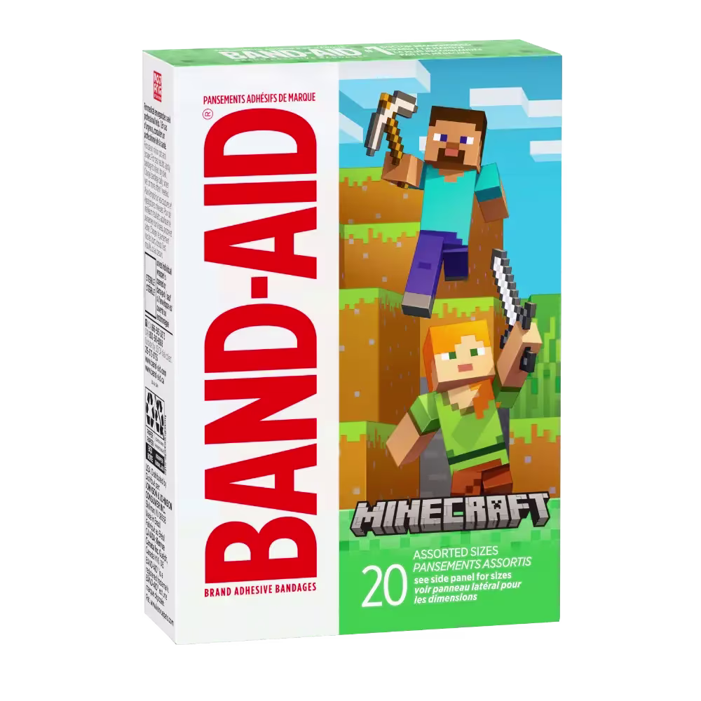 A pack of Band-Aid brand adhesive bandages with our pixelated pals Steve and Alex from Minecraft, donning a green box with the game's logo. You've got 20 bandages in there, in all shapes and sizes.