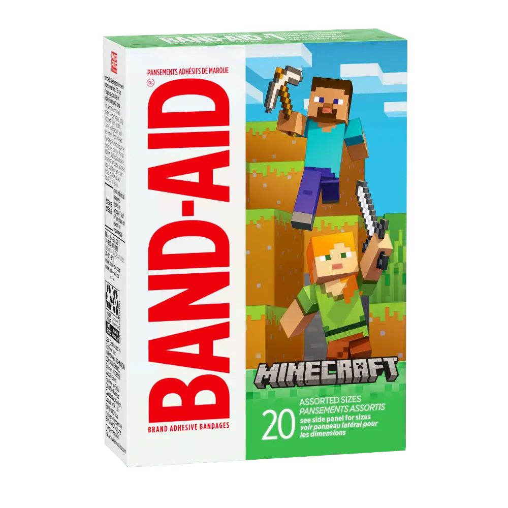 A pack of Band-Aid brand adhesive bandages with our pixelated pals Steve and Alex from Minecraft, donning a green box with the game's logo. You've got 20 bandages in there, in all shapes and sizes.