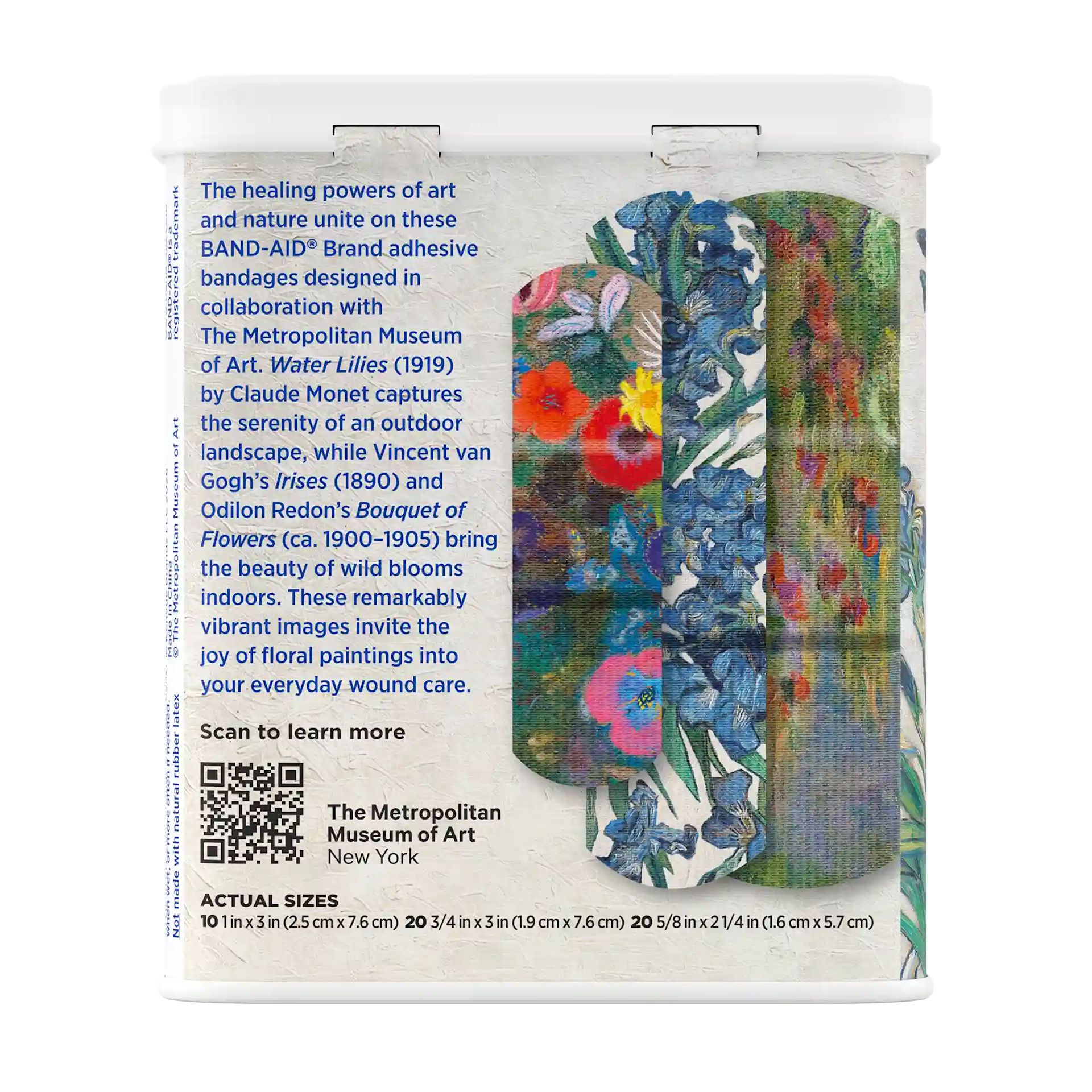 BAB USA US 381372026325 120263300 650816 Flex Fab Tin Met VanGogh 50ct 00180 Back pack shot of BAND-AID® Brand Adhesive Bandages, Paintings by Monet, Redon & Van Gogh, Assorted 50 ct