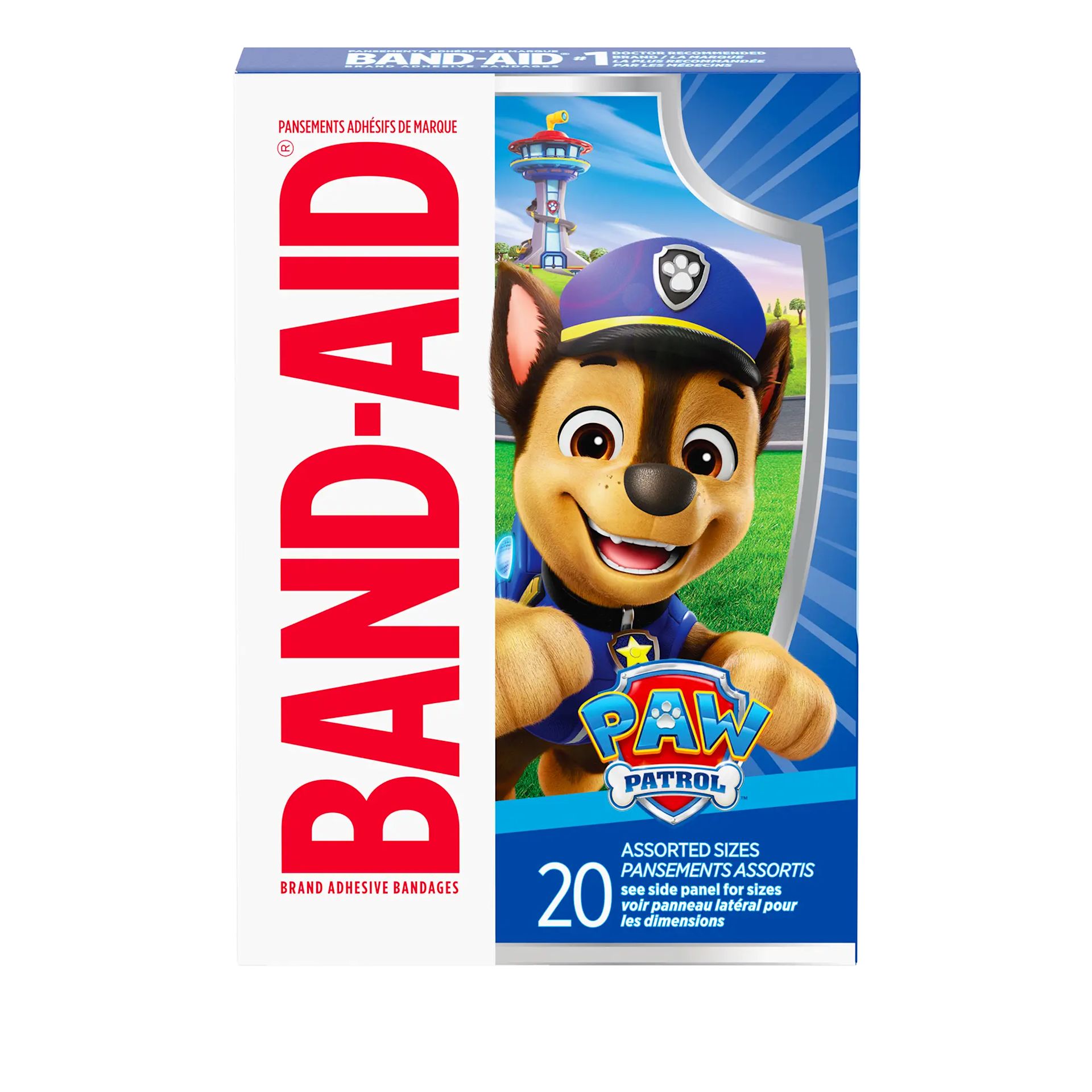 Front Pack shot of BAND-AID® Brand Adhesive Bandages, featuring Paw Patrol