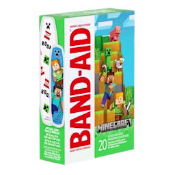 Behold, a box of Band-Aid brand adhesive bandages, dressed in the vibrant hues of Minecraft, with Steve, Alex, a Creeper, and a pixelated pig gracing the cover. Inside, you'll find 20 assorted sizes of bandages, ready for any adventure.